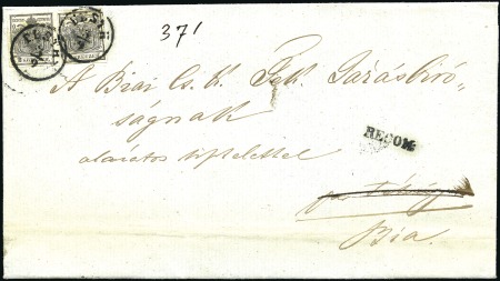 Stamp of Hungary 2Kr schwarz Handpapier (2) + rückseitiger 3Kr rosa