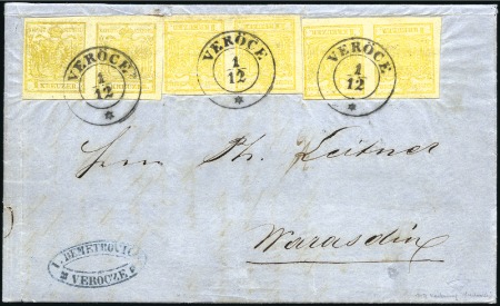 Stamp of Hungary 1850 1Kr Yellow, three pairs tied by VERÖCE 1/12 (