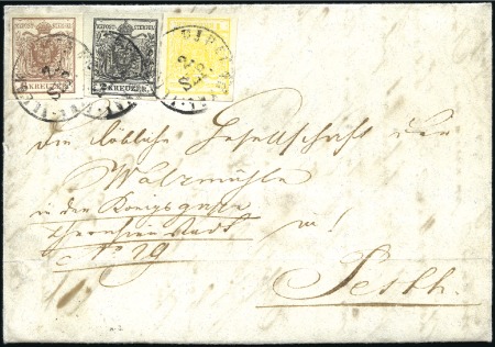 Stamp of Hungary 6Kr braun + 2Kr schwarz + 1Kr gelb auf einfachschw