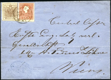 Stamp of Hungary 1858 5Kr Red together with 1850 6Kr brown tied by 