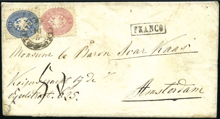 Stamp of Hungary 1863-64 10Kr Blue and 2Kr red tied by TAPIO SZELLE