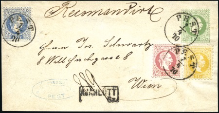 Stamp of Hungary 1867 10K Blue, 5kr red and 2kr yellow on register