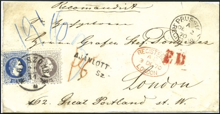 Stamp of Hungary 1867 25Kr Lilac and 10Kr blue (short perf.) tied b