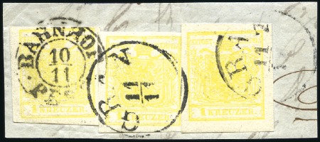 Stamp of Hungary 1Kr zitronengelb Maschinenpapier Type III, drei Ex