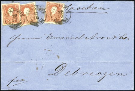 Stamp of Hungary 5Kr red Type II, drei Stücke entwertet mit Zweikre