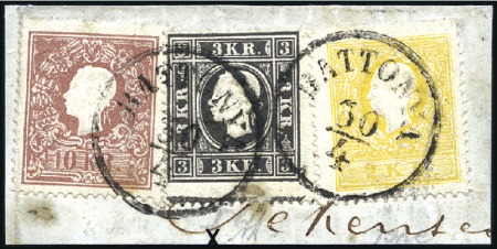 Stamp of Hungary 10Kr braun Type I, 3Kr schwarz und 2Kr gelb entwer