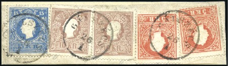 Stamp of Hungary 15Kr blau Type II + 10Kr braun (2) und 5Kr rot (2)