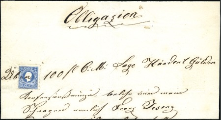 Stamp of Hungary 1858 15Kr Blue, type II, tied by ms and used as a 