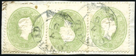 Stamp of Hungary 3Kr grün, drei Stücke entwertet  BONYHÁD 7/9 auf k