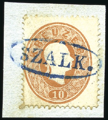 Stamp of Hungary 10Kr braun entwertet mit BLAUEM Ovalstempel SZALK 