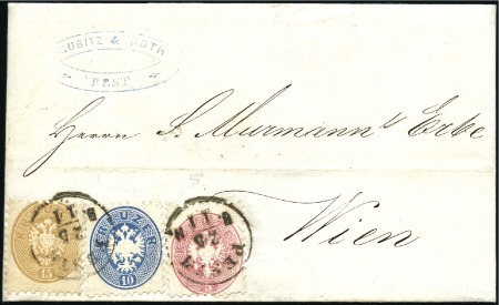 Stamp of Hungary 1863-64 15Kr braun, 10Kr blau und 5Kr rot, weit ge