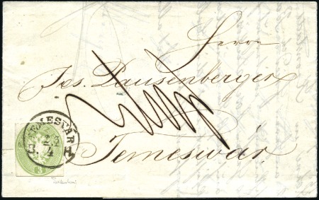 Stamp of Hungary 1863-64 3Kr Green postal stationery cut-out tied b