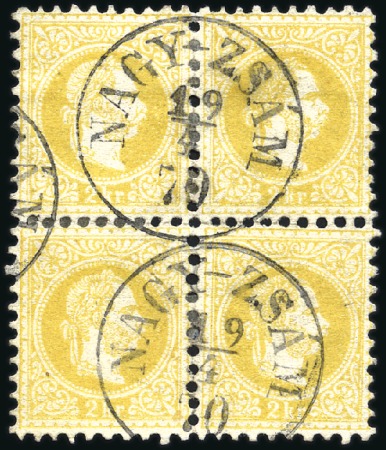 Stamp of Hungary 2Kr gelb in Viererblock entwertet mit Einkreis NAG