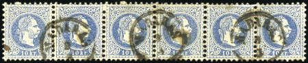 Stamp of Hungary 10kr blau in waagrechten 6er Streifen entwertet MA