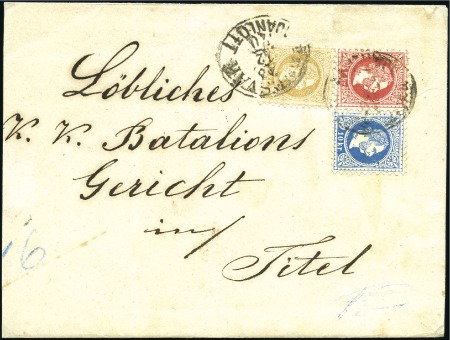 Stamp of Hungary 1867 15Kr Light brown, 10Kr blue and 5Kr brown tie