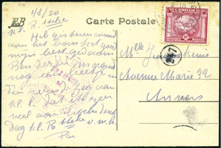 Stamp of Olympics » 1920 Antwerp 1920 (Aug 1) Picture postcard with red-violet cachet of the Belgian Olympic Shooting Committee for the Olympic Games