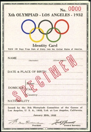 Stamp of Olympics » 1932 Los Angeles Identity Cards: SPECIMEN ID card numbered 0000, ve