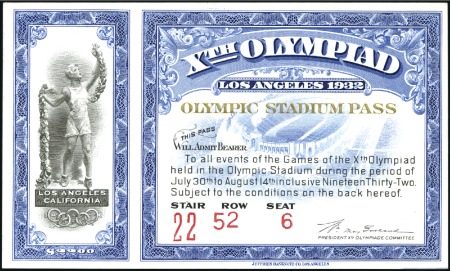 Stamp of Olympics » 1932 Los Angeles 1932 Los Angeles. Season pass for the Olympic Stadium, very fine