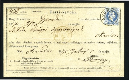 Stamp of Hungary ADVICE OF DELIVERY: 1867 10Kr blue cancelled GYORO