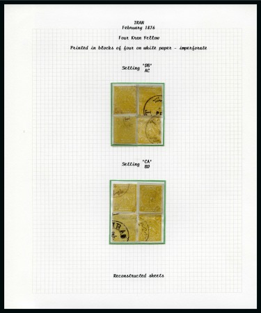 Stamp of Persia » 1868-1879 Nasr ed-Din Shah Lion Issues » 1876 Narrow Spacing (SG 15-19) (Persiphila 13-17) 1876 4 Krans yellow, on white paper, selection of sixteen used singles, showing four reconstructions