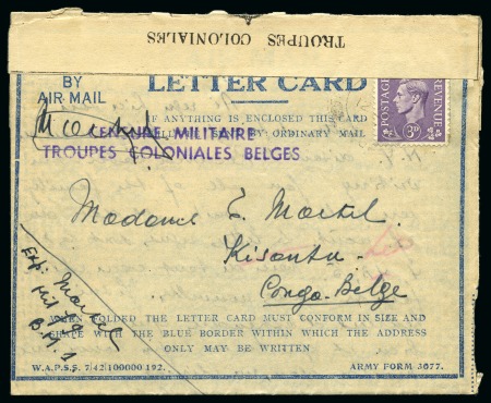 Stamp of Belgian Congo 1942 Lettercard with KGVI 3d lilac on cover to Kis