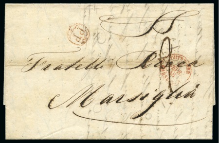 Stamp of Turkey 1848 (28.1) Folded entire from Constantinople to Marseille, bearing small thimble fancy PP in red