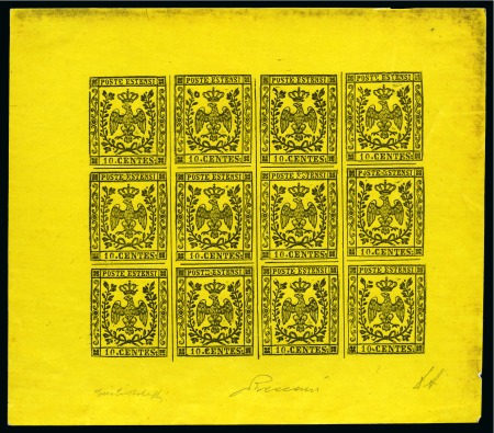 Stamp of Italian States » Modena 1852 '10.CENTES:' PROOF in black on yellow in shee
