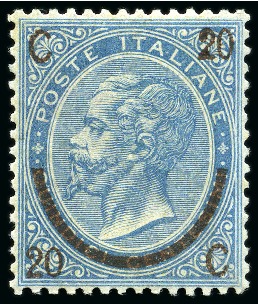 Stamp of Italy 1865 20c on 15c blue, type II, never hinged and pe