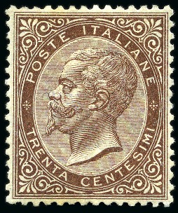 Stamp of Italy 1863 30c Brown, De La Rue printing, never hinged a