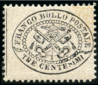 Stamp of Italian States » Papal States 1868 3c Rose-grey, NEVER HINGED single, an excepti