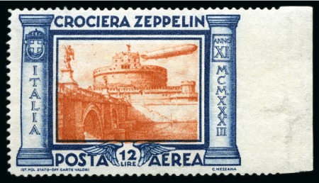 Stamp of Italy 1933 Zeppelin 12L Blue and orange, IMPERFORATE at right,