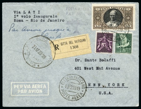 Stamp of Italy » Vatican State 1939 Registered LATI airmail cover to New York bea