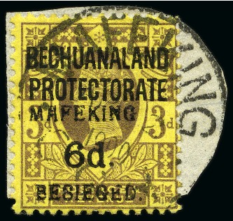Stamp of South Africa » Mafeking 1900 6d Serif ovpt on GB 3d purple on yellow, tied