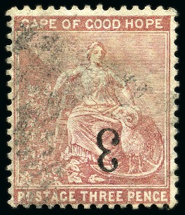 Stamp of South Africa » Cape of Good Hope 1880 "3" on 3d Pale Dull Rose with inverted surcha