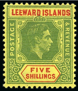 Stamp of Leeward Islands 1938-51 5s Green & Red on yellow with "broken seco