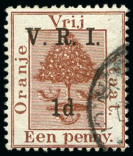 Stamp of South Africa » Orange Free State 1900 1d on 1d brown error of colour, neat partial 
