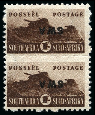 Stamp of South West Africa 1943-44 War Effort 1s brown mint se-tenant pair with inverted overprint