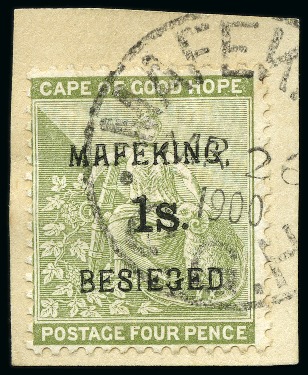Stamp of South Africa » Mafeking 1900 1s on 4d sage-green tied to small piece