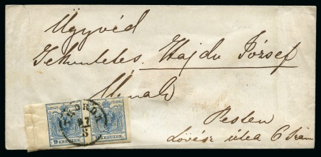 Stamp of Austria » 1850 Issue AUSTRIA 1858 9Kr margin pair on envelope THORDA to Pest