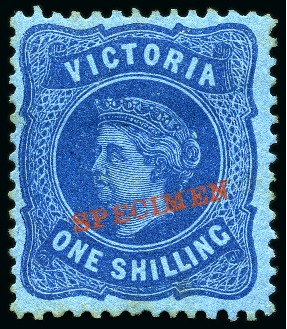 Stamp of Australia » Victoria 1873-87 1s Bright Blue on blue perf.13 with type 12a SPECIMEN overprint in red