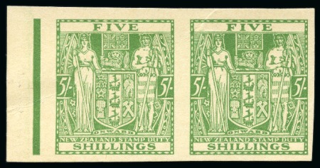 Stamp of New Zealand 1931-40 Postal Fiscal 5s green imperf. plate proof pair