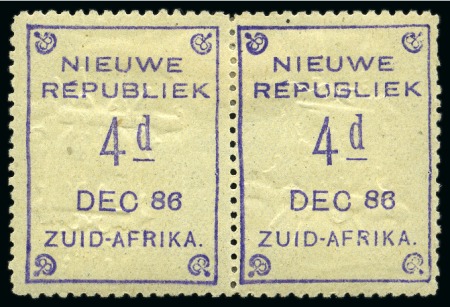Stamp of South Africa » New Republic 1886-87 4d Violet on yellow paper mint pair with embossed arms tête-bêche