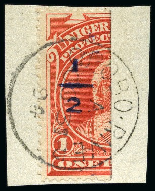 Stamp of Nigerias » Niger Coast Protectorate 1894 1/2d (type 15 in violet) on 1d vermilion bisect tied to piece