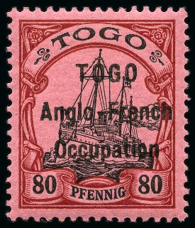 Stamp of Togo 1914 1/2d on 3pf with "TOG" variety in lower marginal block of four