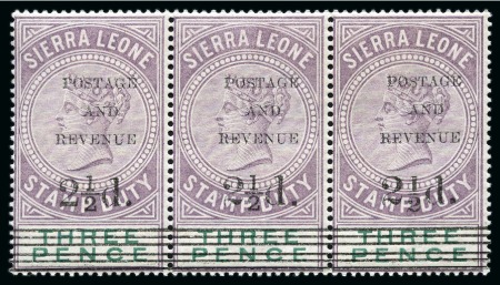 Stamp of Sierra Leone 1897 Overprinted Fiscal 2 1/2d on 3d mint strip of three