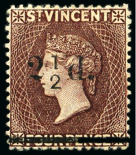 Stamp of St. Vincent 1890 2 1/2d on 4d Chocolate with missing fraction bar variety