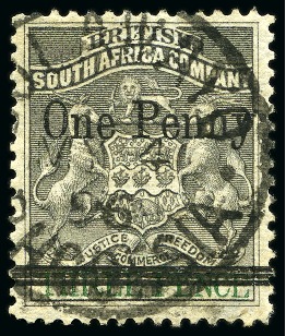 Stamp of Rhodesia 1896 1d on 3d Grey-Black & Green with Bulawayo cds