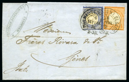 Stamp of Germany » German Empire » German Empire, 1872 Large shield issue 1874 ELSASS letter Moulhouse to Genova 1/2Gr+ 2Gr, horseshoe cancel
