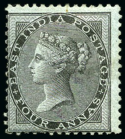 Stamp of India 1855 4a Black on blue glazed paper, unused