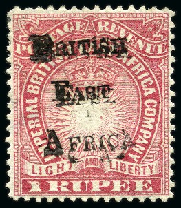 Stamp of Kenya, Uganda and Tanganyika » British East Africa 1895 (Jul 9) 1R Carmine with double "BRITISH EAST AFRICA" handstamp variety